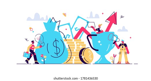 Smart investment management, accounts, achieve the goal, cash profits, career growth, Successful small people with big ideas and big money, Vector illustration