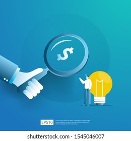 smart investment on technology startup. angel investor business analytic. opportunity idea research concept with lamp light bulb and businessman character element. Vector illustration