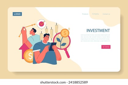 Smart Investment Strategy concept. Men observing growth charts, tracking financial progress with mobile app. Uplifting arrow and golden coin symbolize returns. Analysis tools emphasize growth.