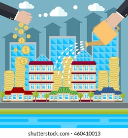 Smart investment vector creative flat concept illustration, watering money, increase, real estate, for posters and banners