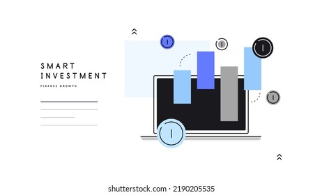 Smart investments. Laptop with chart and coins. Web banner. Flat illustration with place for text. Vector file.