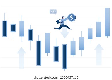 Smart investor jumping at trading candlestick chart. High volatility, balance between profit and risk. Investment forecast, investing opportunity. Businessman making money on stock market. vector