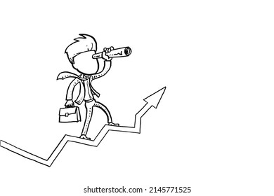 Smart investor searching for new business opportunity. Bussinessman standing on rising arrow market graph. Cartoon vector illustration design