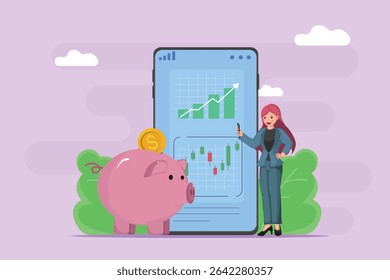 Smart Investor Woman Monitoring Financial Growth and Savings on a Mobile Phone, Featuring a Piggy Bank and Investment Charts for Future Prosperity.