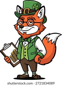 Dibujos animados de zorro irlandés elegante vestido como un duende sosteniendo un Portapapeles con monedas de oro. Ilustración vectorial plana perfecta para el día de San Patricio temas financieros de marca camisetas, carteles y pegatinas.