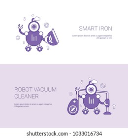 Smart Iron And Vacuum Cleaner Robot Concept Template Web Banner With Copy Space Vector Illustration
