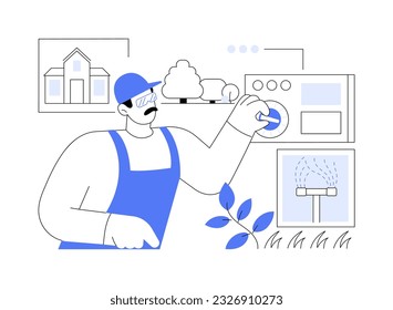 Smart irrigation controller abstract concept vector illustration. Handyman installs an intelligent sprinkler system with Wi-Fi, exterior works, smart sprinkler controller abstract metaphor.