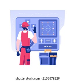 Smart irrigation controller isolated concept vector illustration. Handyman installs an intelligent sprinkler system with Wi-Fi, exterior works, smart sprinkler controller vector concept.