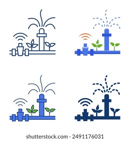 Smart irrigation icon set in flat and line style. Remote control farm sprinkler. Vector illustration