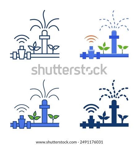 Smart irrigation icon set in flat and line style. Remote control farm sprinkler. Vector illustration