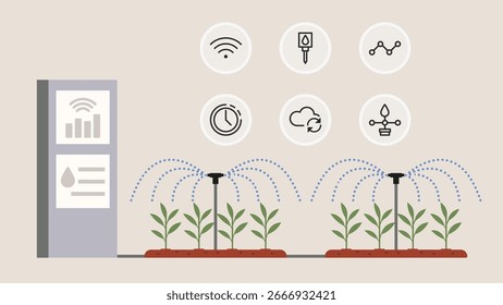 Sistema de riego inteligente que riega automáticamente los cultivos utilizando datos del sensor, sincronización de Clima y panel de control digital, Ilustración vectorial plana	