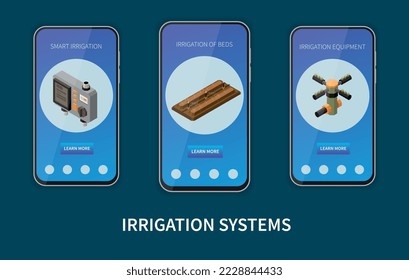 Smart irrigation systems isometric mobile app set with information about equipment for gardening vector illustration