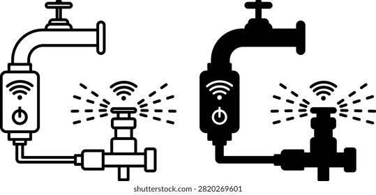 Smart Irrigation Valve Icons. Line and Glyph Vector Illustrations. Automatic Watering Device. Controls Water Flow Using Built-In Sensors, Wireless Communication, and a Smart Controller. Agrotechnology and Smart Farming Concept