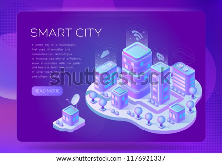 Smart isometric city vector landing page, banner, web site, flyer, business card. Сток-фото © 