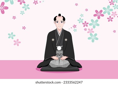 Smart Japanese young man with ancient hair style dress in formal Kimono and Hakama pant background with cherry blossoms backdrop or screen drawing in cartoon vector