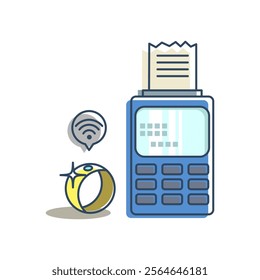 smart jewelry concept used for contactless payments. Displays a ring with a wireless signal icon next to a payment terminal with a receipt.  represents comfort in wearable devices.