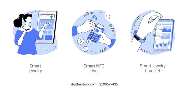 Joyería inteligente aislada ilustraciones vectoriales de dibujos animados conjunto. Usable conectado a un smartphone, la pulsera inteligente recopila datos de seguimiento de salud, usando anillo de NFC, accesorios digitales de dibujos animados vectores.