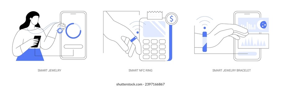 Joyería inteligente aislada ilustraciones vectoriales de dibujos animados conjunto. Usable conectado a un smartphone, la pulsera inteligente recopila datos de seguimiento de salud, usando anillo de NFC, accesorios digitales de dibujos animados vectores.