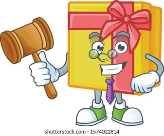 Smart judge yellow gift box presented in cartoon character style