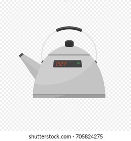 Smart Kettle Isolated on Transparent Light Background. Kettle with Display. Controls over WiFi Internet. The Internet of Things. Web Icon. Flat Vector Illustration.