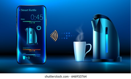 smart kettle is on the table. Smartphone controls smart kettle over wifi internet. Control interface smart kettle over a wireless connection. The Internet of things. Smart kitchen