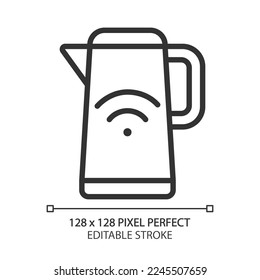Smart kettle pixel perfect linear icon. Water boiling. Kitchen appliance. Remote control via smartphone. Thin line illustration. Contour symbol. Vector outline drawing. Editable stroke