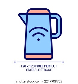 Smart kettle pixel perfect RGB color icon. Water boiling. Kitchen appliance. Remote control via app. Internet of things. Isolated vector illustration. Simple filled line drawing. Editable stroke