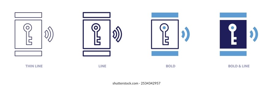 Icono de llave inteligente en 4 estilos diferentes. Línea delgada, línea, negrita y línea negrita. Estilo duotono. Trazo editable.