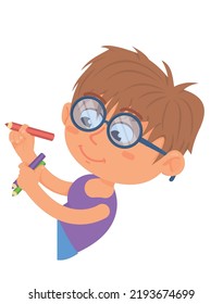 Smart kid drawing. Creative little boy with pencils