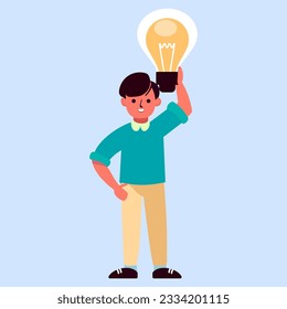 Smart kid having a bright idea. Holding a glowing light bulb in his hand. Flat style vector cartoon illustration isolated.