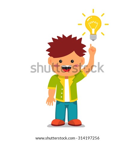 Smart kid having a bright idea. Holding index finger up and pointing to a glowing light bulb. Flat style vector cartoon illustration isolated on white background.