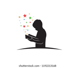 smart kid learning by reading book while standing vector illustration design template spark idea, abstract thinking