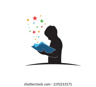 smart kid learning by reading book while standing vector illustration design template spark idea, abstract thinking