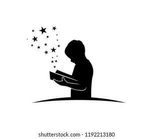 smart kid learning by reading book while standing vector illustration design template spark idea, abstract thinking