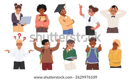 Smart kid nerd geek in glasses showcasing different emotions and gesture isolated set on white background. Funny comic students thinking, brainstorming, having idea, rejoicing vector illustration