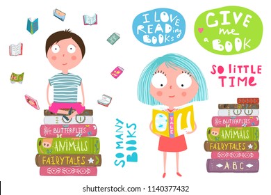 Smart Kids Boy and Girl Reading Books. Colorful fun clip art cartoon of children lettering and a pile of books. Vector cartoon.