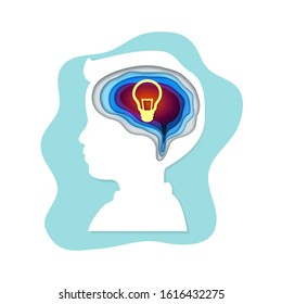 Smart kids or children with bulb inside the brain as a symbol of creative thinking idea. Concept for creativity innovation and inventor for web user interface. Paper cut vector illustration style.