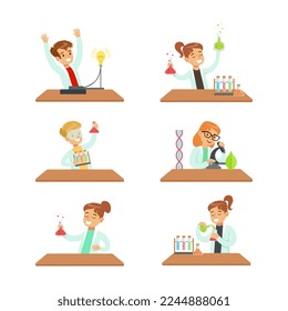 Smart Kids Doing Chemical Experiments in Science Lab with Flasks Vector Set