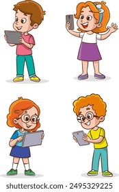 Smart kids with gadgets. Young teenager playing and studying using smartphones pc tablets and laptop addiction electronic devices exact vector cartoon illustration