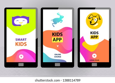 Smart kids online education app logo concept illustration. Three touching screen smartphone for Template App Development Landing Front page mobile website. Easy customize and edit. Vector
