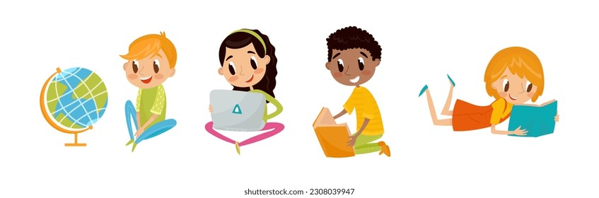 Smart Kids Reading Book and Studying School Subject Vector Set