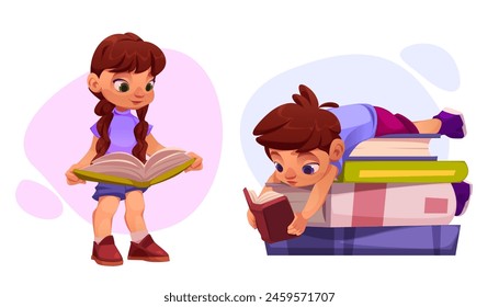 Smart kids reading books set isolated on white background. Vector cartoon illustration of cute boy lying on pile of textbooks, little girl enjoying fairy tale, school education, library leisure