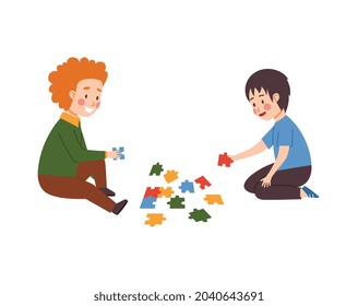 Smart kids solving jigsaw puzzles, flat vector illustration on white background. Childrens educational games and puzzles for early intellectual development.