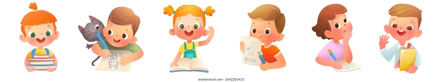 Smart kids writing and reading, back to school avatar collection. School children characters with books pencils and notebooks study to write and read. Vector children educational cartoon clip art.