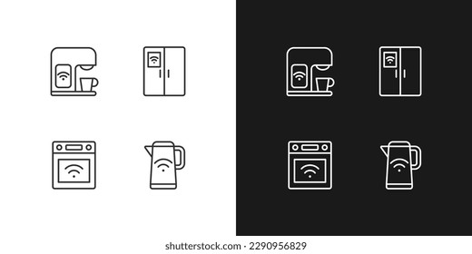 Los electrodomésticos de cocina inteligente píxeles iconos lineales perfectos para el modo oscuro y claro. Dispositivo para cocinar. Tecnología residencial inteligente. Símbolos delgados para la noche, tema del día. Ilustraciones aisladas. Trazo editable