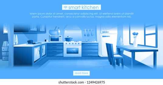 Smart kitchen design banner. Interior home IOT ads. Vector cartoon illustration
