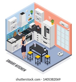 Smart kitchen interior iot devices controlled with touch screen isometric composition with multi cooker fridge vector illustration 