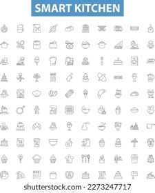 Smart kitchen line icons, signs set. Smart, Kitchen, Appliances, Technology, AI, Automation, Connected, Refrigerator, Cooker outline vector illustrations.