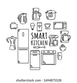 Elegante juego de cocina. Administración de la casa Wifi. Aparatos domésticos en un hogar inteligente. Cafetera, tostadora, batidora, mezcladora, nevera, horno, lavavajillas, báscula, jugo, hervidor, cafetera, microondas.