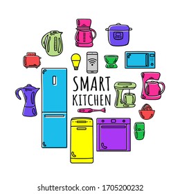 Elegante juego de cocina. Administración de la casa Wifi. Aparatos domésticos en un hogar inteligente. Cafetera, tostadora, batidora, mezcladora, nevera, horno, lavavajillas, báscula, jugo, hervidor, cafetera, microondas.